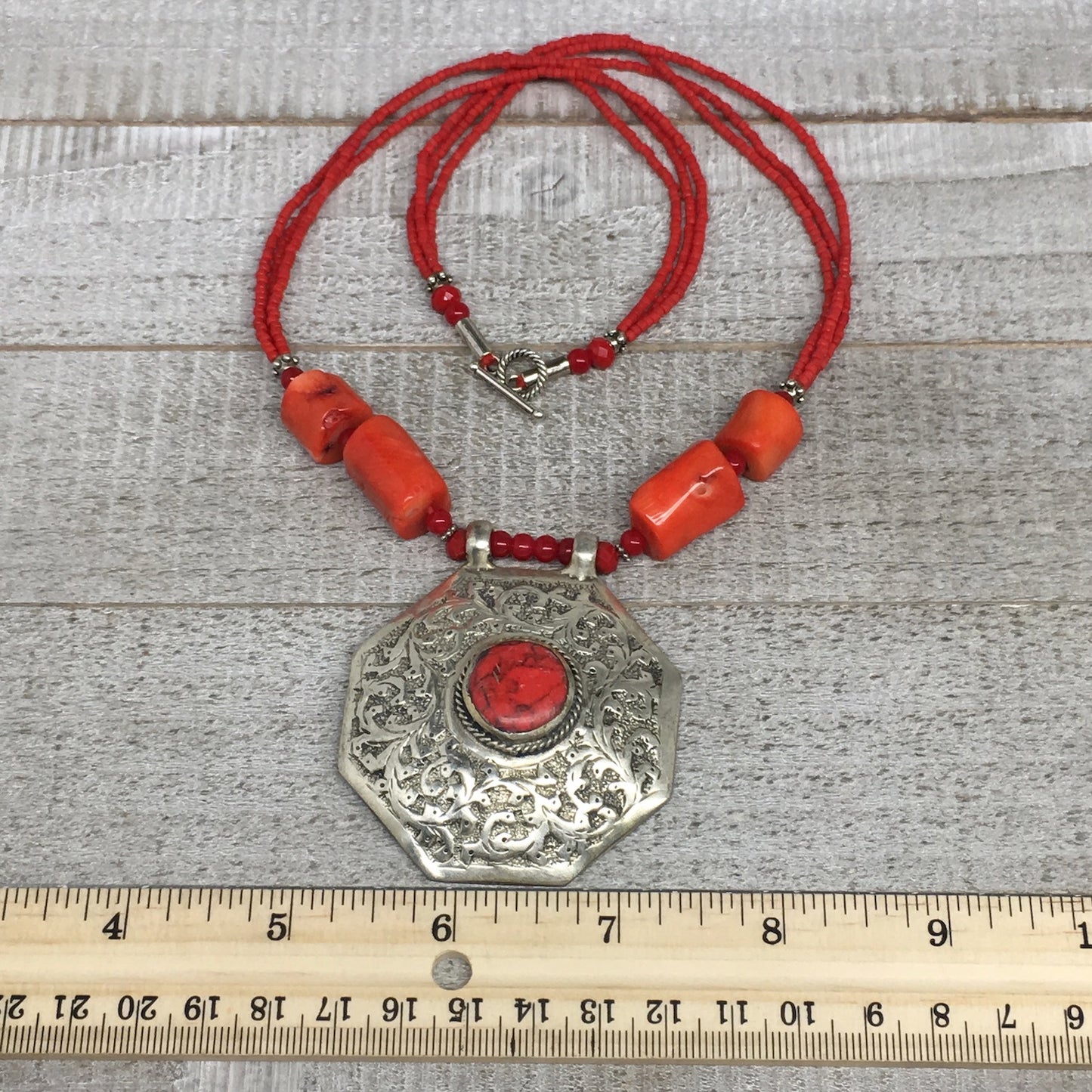 1pc, Turkmen Necklace Pendant Statement Tribal Coral Inlay Beaded,20-21", BN37
