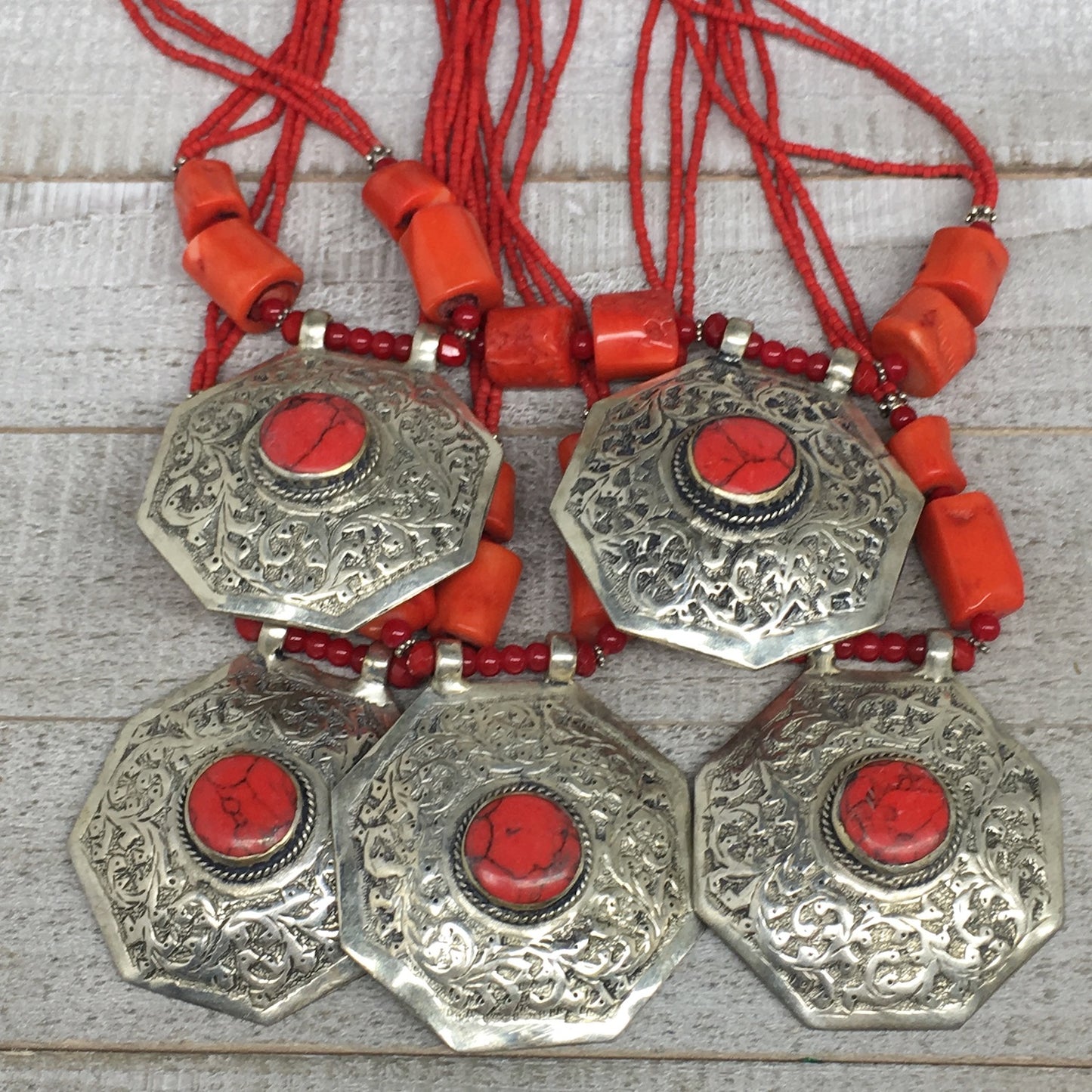 1pc, Turkmen Necklace Pendant Statement Tribal Coral Inlay Beaded,20-21", BN37