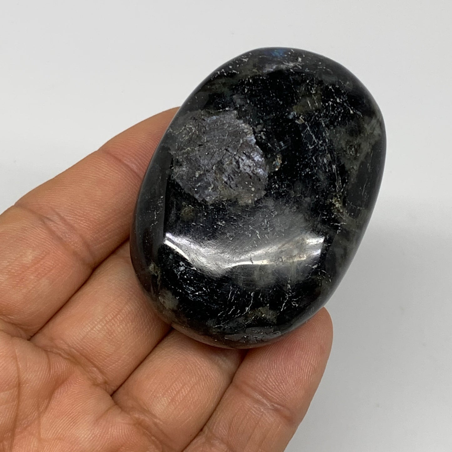 98.8g,2.3"x1.6"x0.9", Labradorite Palm-stone Tumbled Reiki @Madagascar,B25068