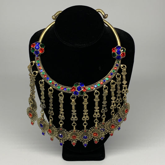 310g, 11"x5.25"Kuchi Turkmen Choker Necklace Multi-Color Tribal Gypsy Beho,B1413