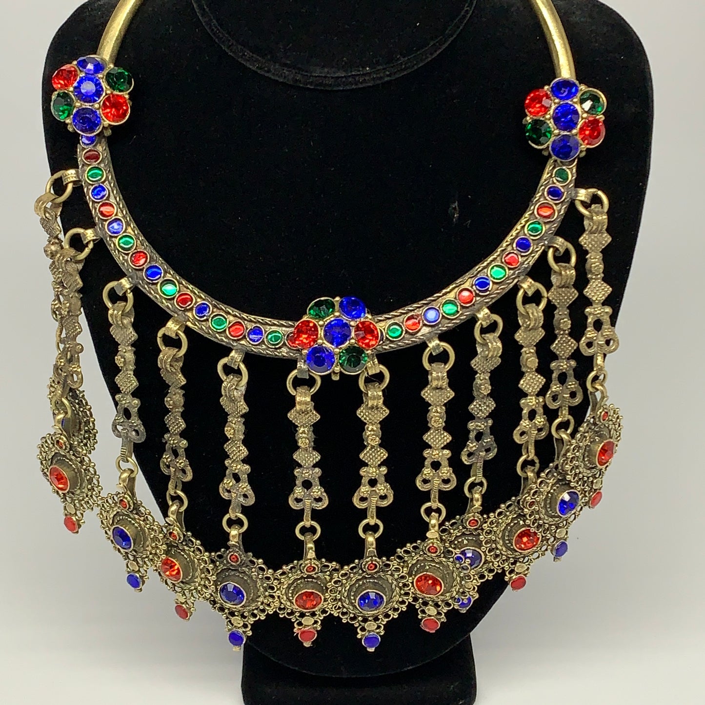 310g, 11"x5.25"Kuchi Turkmen Choker Necklace Multi-Color Tribal Gypsy Beho,B1413