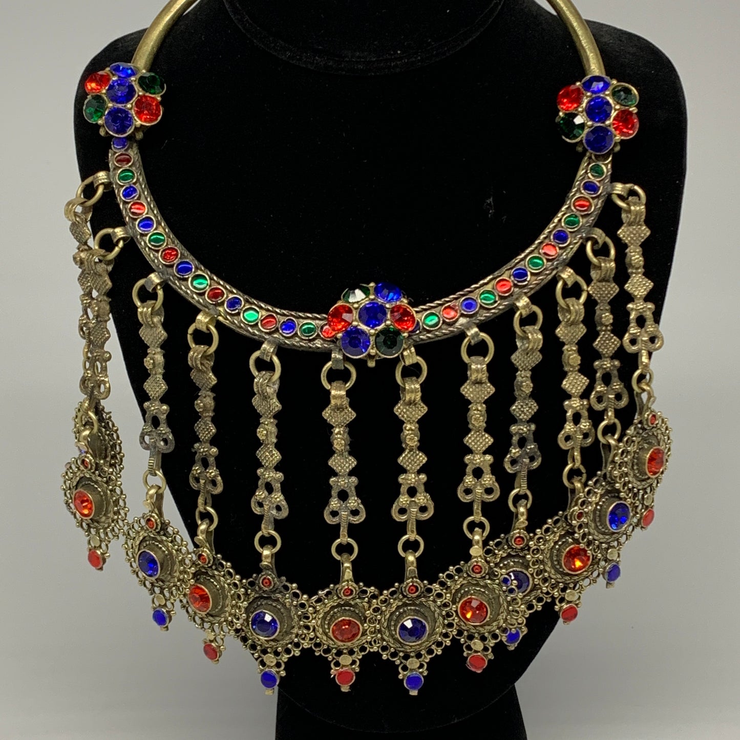 310g, 11"x5.25"Kuchi Turkmen Choker Necklace Multi-Color Tribal Gypsy Beho,B1413