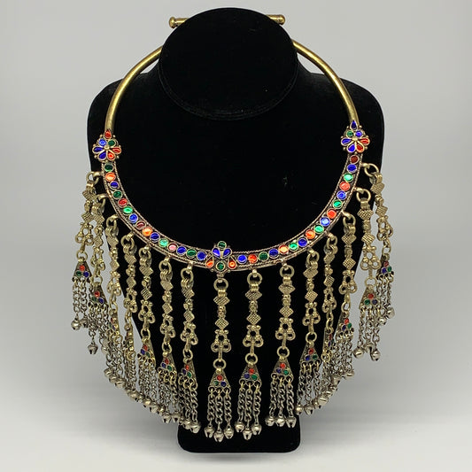 290g, 11"x5.75"Kuchi Turkmen Choker Necklace Multi-Color Tribal Gypsy Beho,B1414