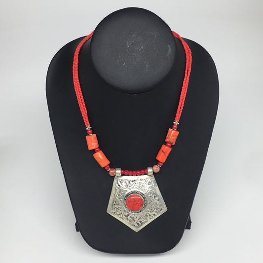 1pc, Turkmen Necklace Pendant Statement Tribal Coral Inlay Beaded,20-21", BN45