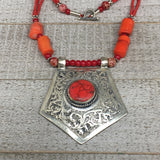 1pc, Turkmen Necklace Pendant Statement Tribal Coral Inlay Beaded,20-21", BN45
