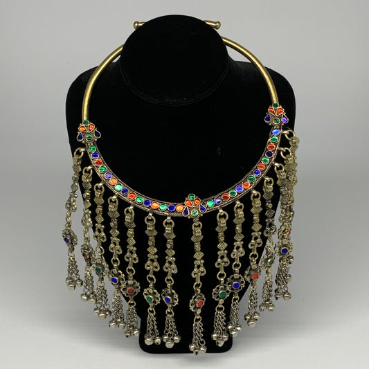 310g, 11"x5.75"Kuchi Turkmen Choker Necklace Multi-Color Tribal Gypsy Beho,B1414