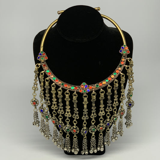 305g, 11"x5.75"Kuchi Turkmen Choker Necklace Multi-Color Tribal Gypsy Beho,B1414