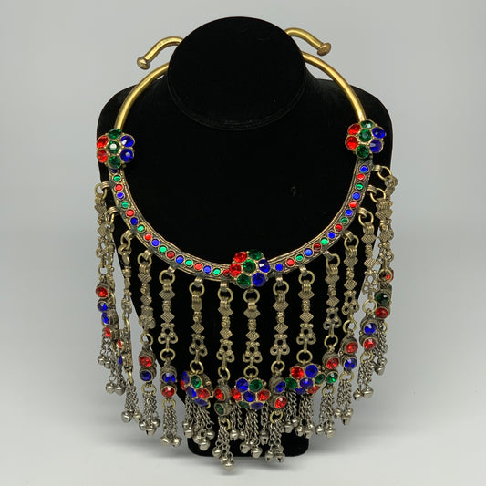 435g, 11"x5.75"Kuchi Turkmen Choker Necklace Multi-Color Tribal Gypsy Beho,B1414
