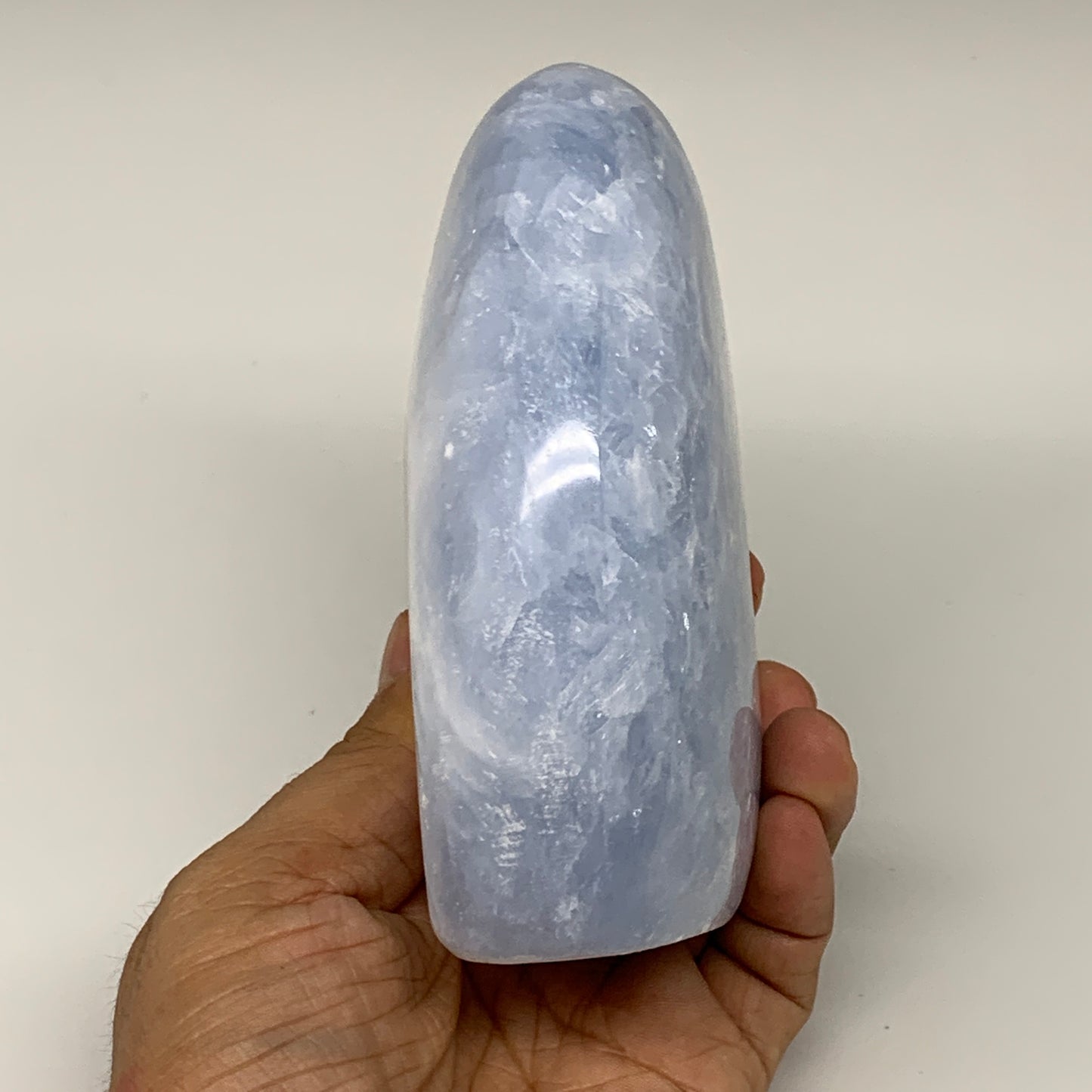 806g,4.6"x3.6"x1.7" Blue Calcite Polished Freeform Stands @Madagascar,B6416