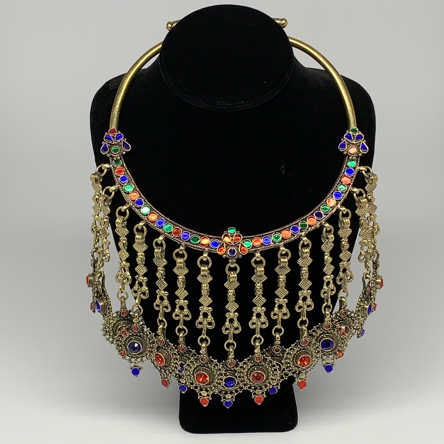 320g, 11"x5.75"Kuchi Turkmen Choker Necklace Multi-Color Tribal Gypsy Beho,B1414
