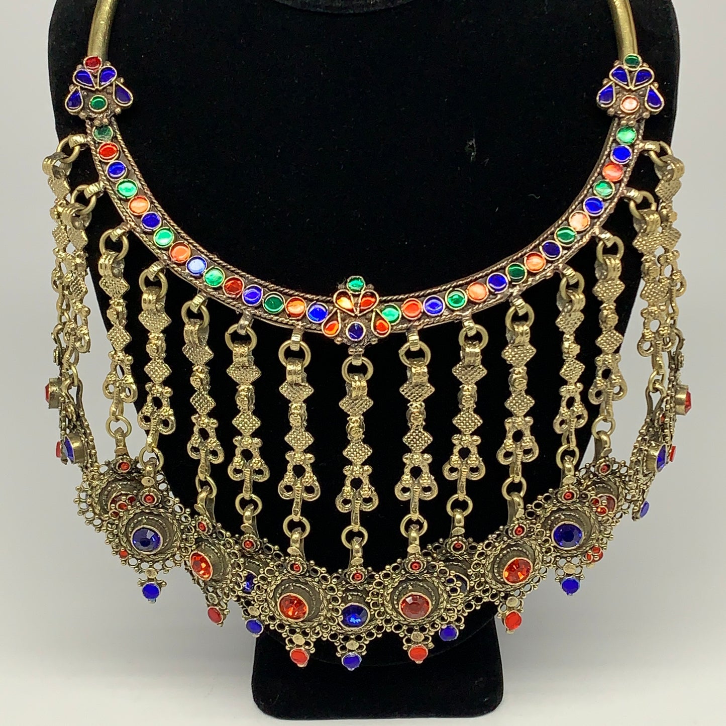 320g, 11"x5.75"Kuchi Turkmen Choker Necklace Multi-Color Tribal Gypsy Beho,B1414