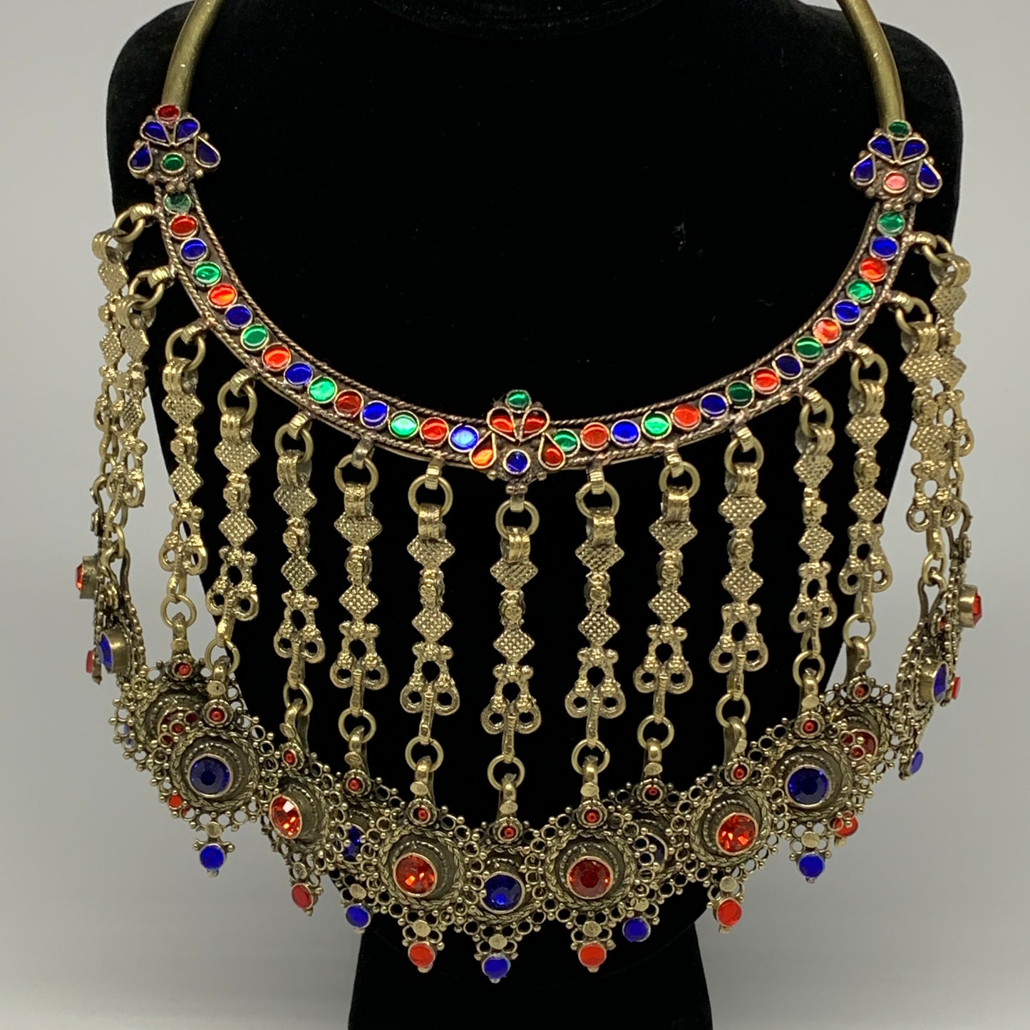 320g, 11"x5.75"Kuchi Turkmen Choker Necklace Multi-Color Tribal Gypsy Beho,B1414