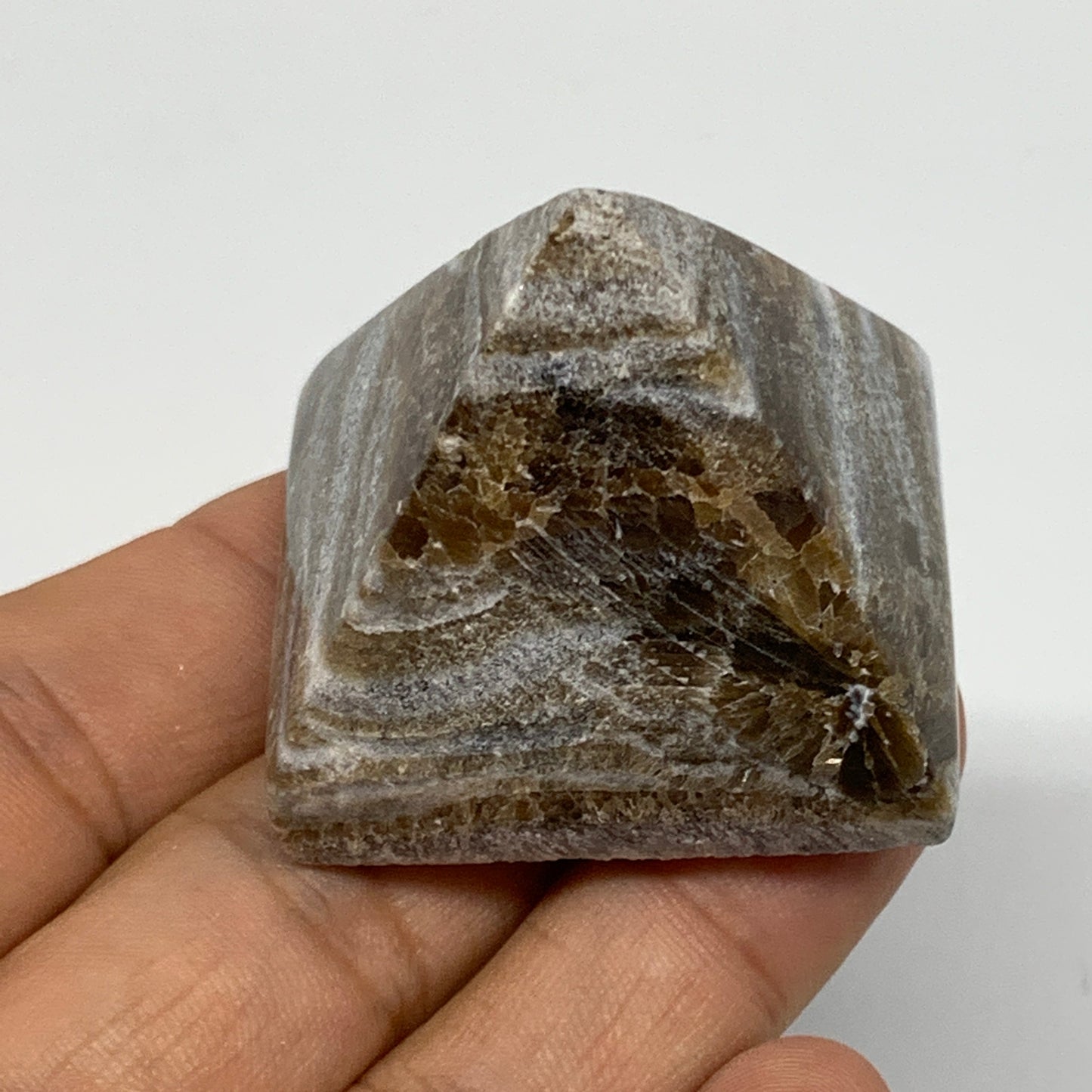 53.2g, 1.3"x1.5"x1.4" Chocolate/Gray Onyx Pyramid Gemstone @Morocco, B18973