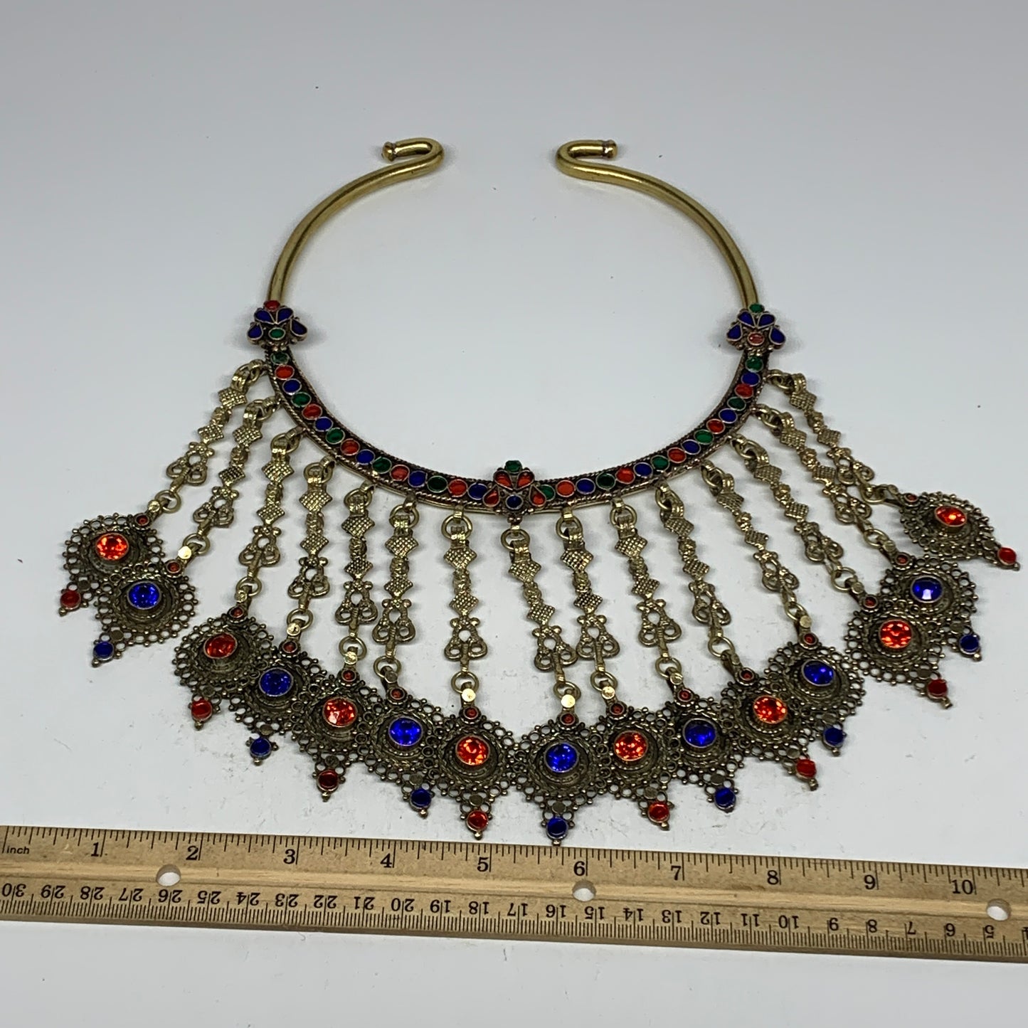 320g, 11"x5.75"Kuchi Turkmen Choker Necklace Multi-Color Tribal Gypsy Beho,B1414