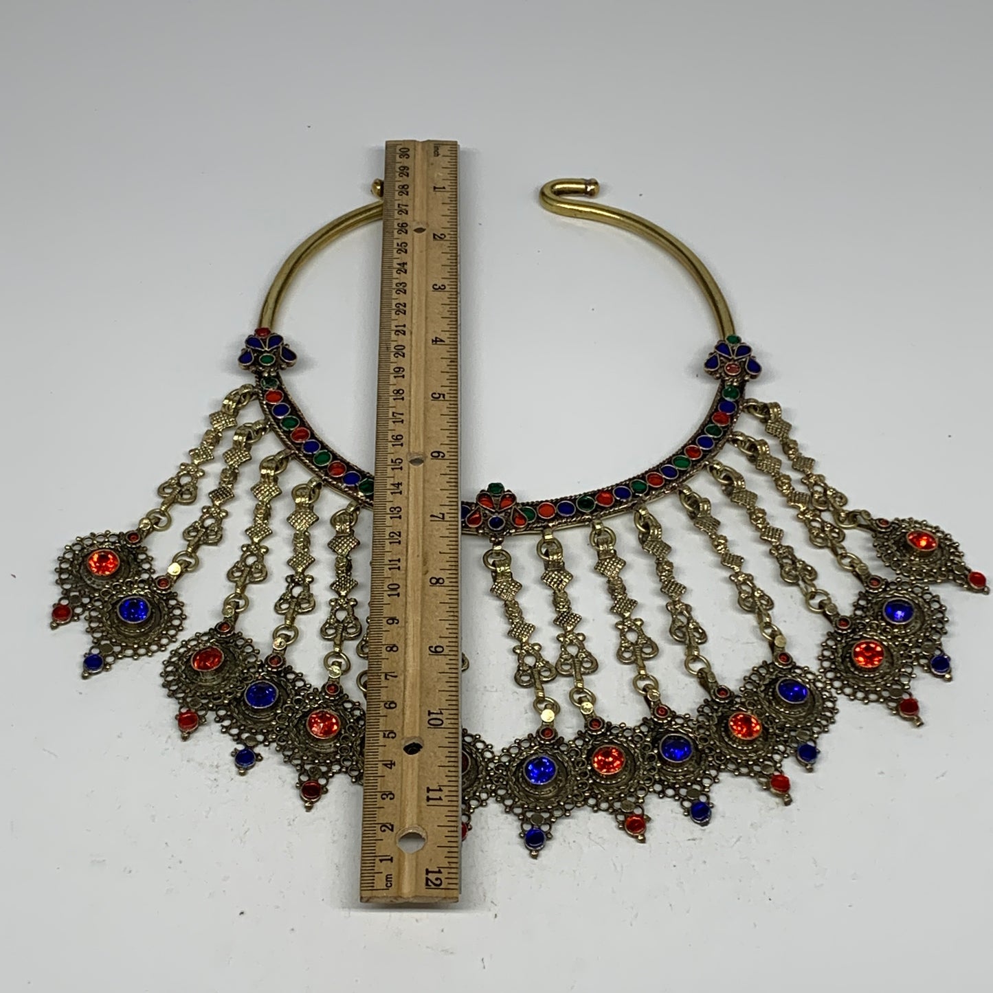 320g, 11"x5.75"Kuchi Turkmen Choker Necklace Multi-Color Tribal Gypsy Beho,B1414