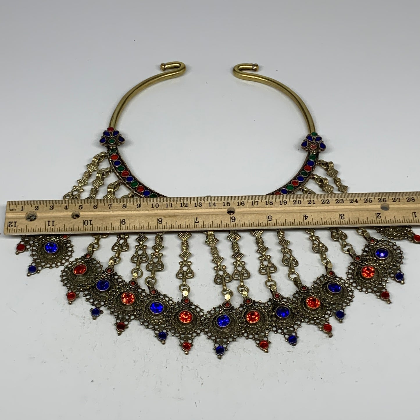 320g, 11"x5.75"Kuchi Turkmen Choker Necklace Multi-Color Tribal Gypsy Beho,B1414