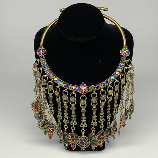 345g, 11"x5.75"Kuchi Turkmen Choker Necklace Multi-Color Tribal Gypsy Beho,B1414