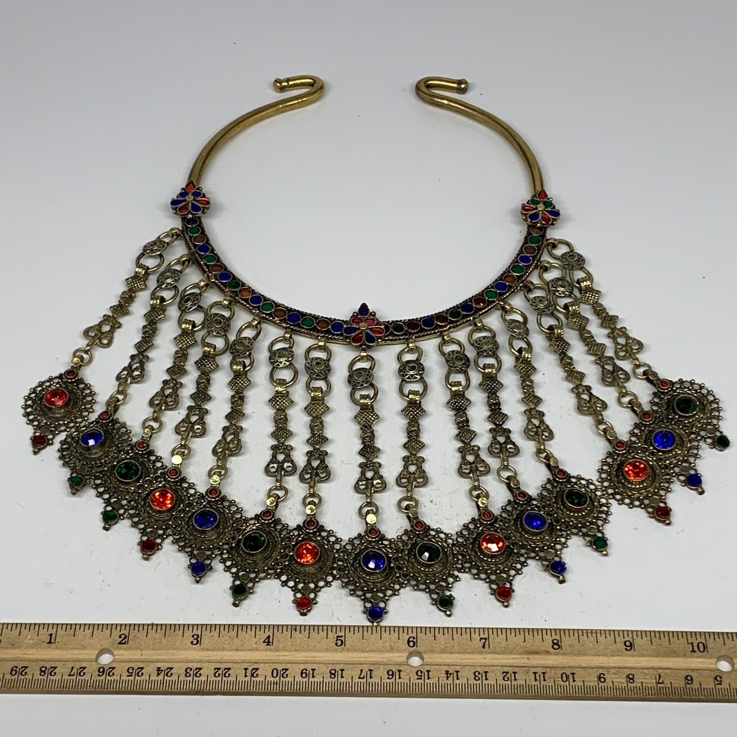 345g, 11"x5.75"Kuchi Turkmen Choker Necklace Multi-Color Tribal Gypsy Beho,B1414