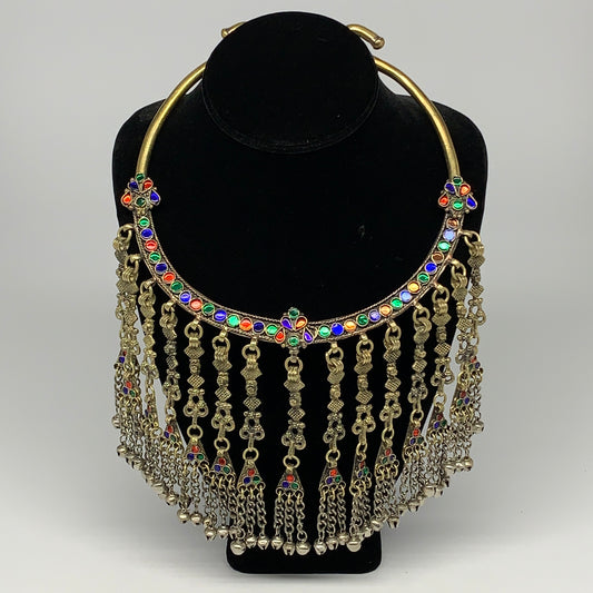 290g, 11"x5.75"Kuchi Turkmen Choker Necklace Multi-Color Tribal Gypsy Beho,B1414