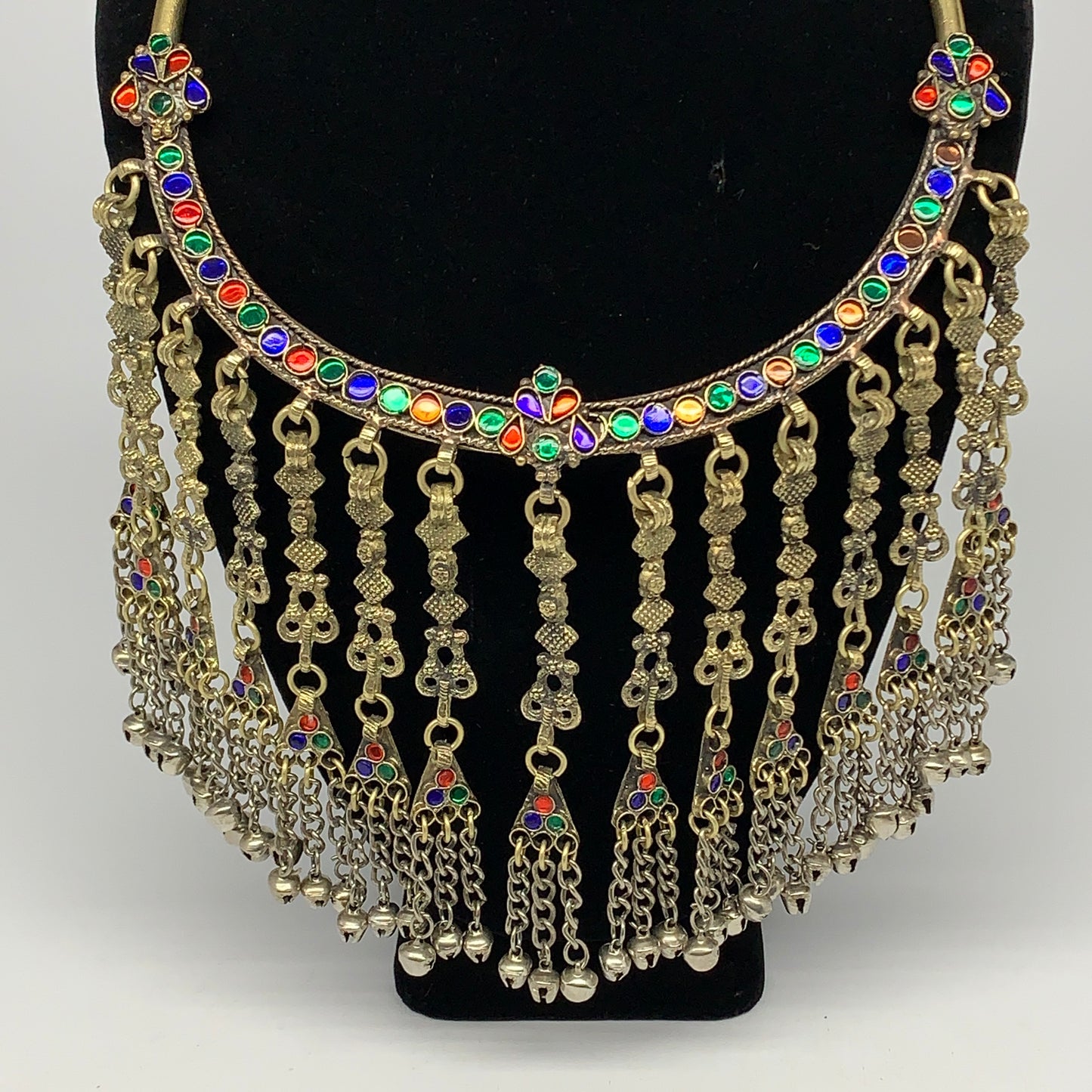 290g, 11"x5.75"Kuchi Turkmen Choker Necklace Multi-Color Tribal Gypsy Beho,B1414