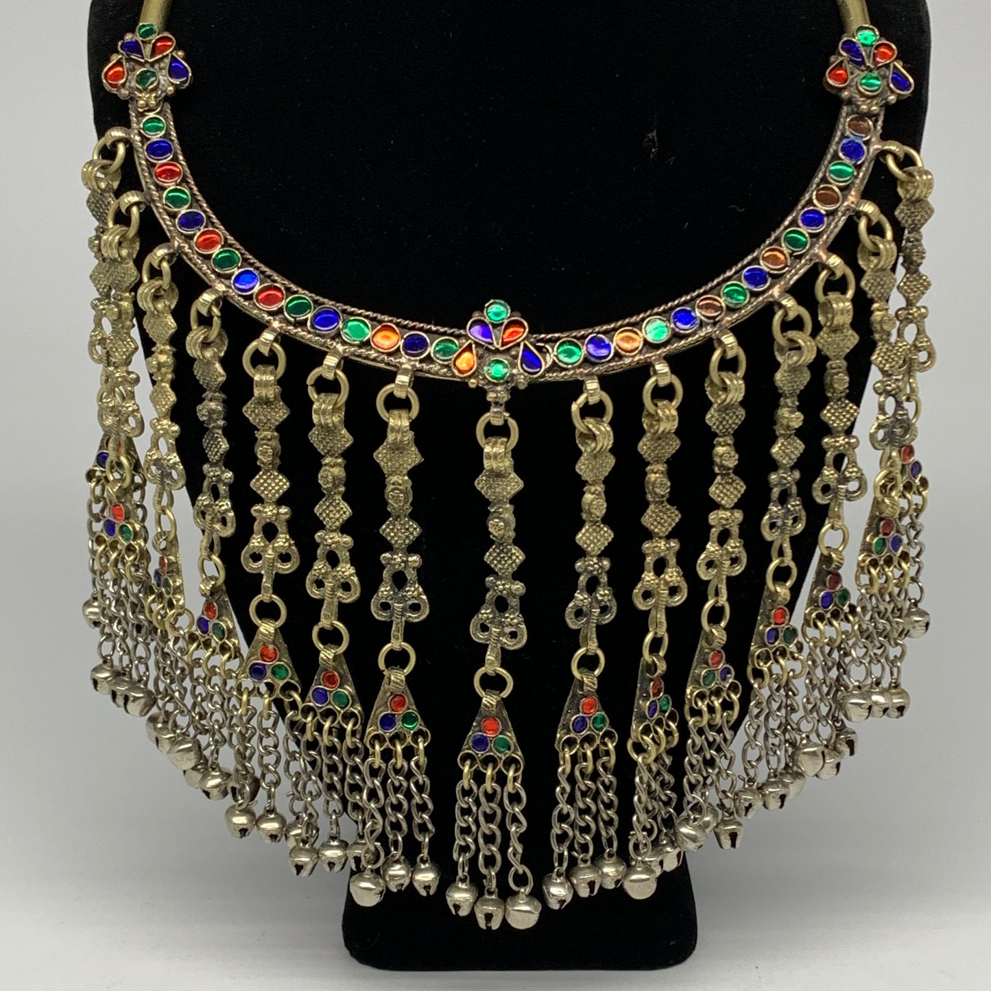 290g, 11"x5.75"Kuchi Turkmen Choker Necklace Multi-Color Tribal Gypsy Beho,B1414