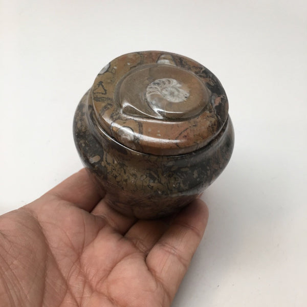 254g, 2.6"x2.7" Small Round Fossils Ammonite Brown Jewelry Box @Morocco,MF851 - watangem.com