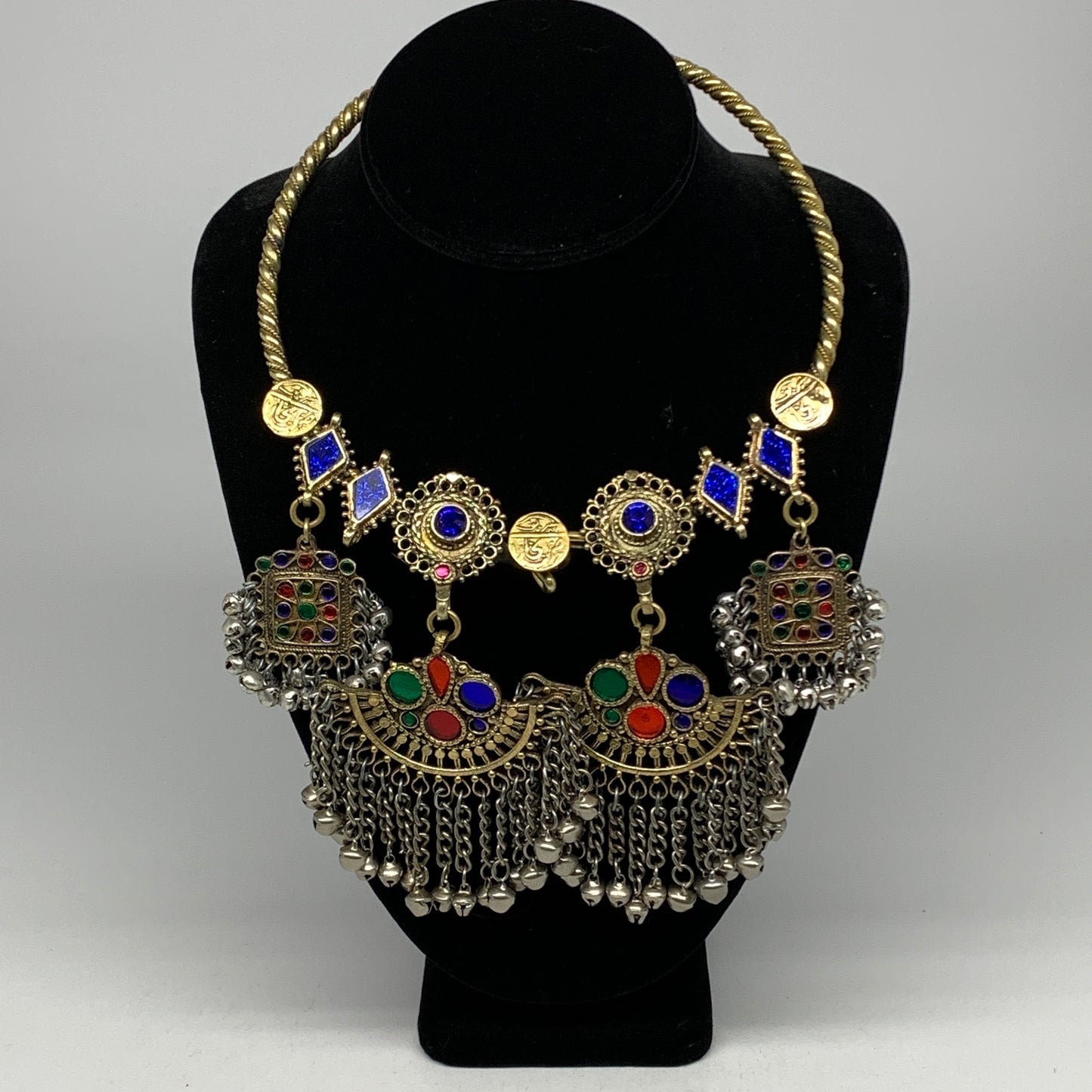 235g, 9.5"x5.5"Kuchi Turkmen Choker Necklace Multi-Color Tribal Gypsy Beho,B1414