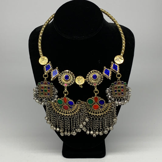 235g, 9.5"x5.5"Kuchi Turkmen Choker Necklace Multi-Color Tribal Gypsy Beho,B1414