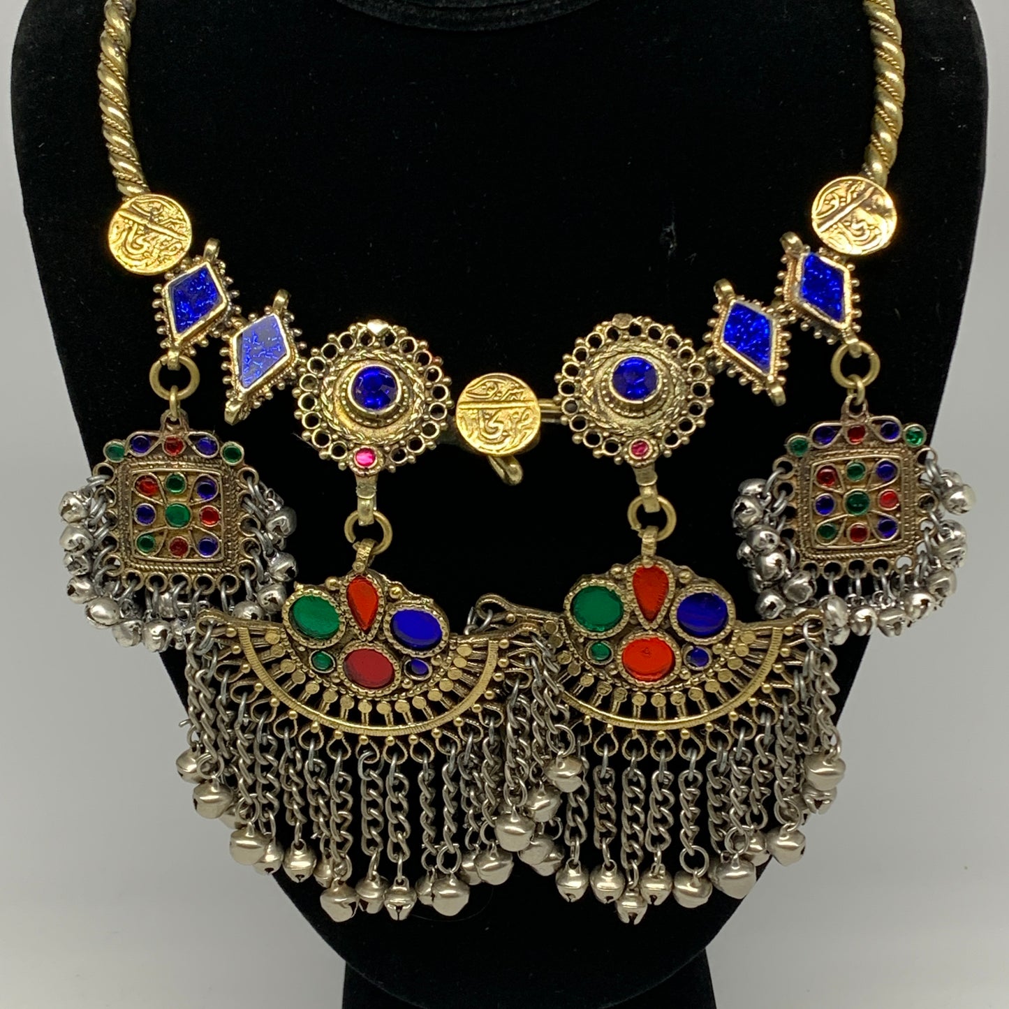 235g, 9.5"x5.5"Kuchi Turkmen Choker Necklace Multi-Color Tribal Gypsy Beho,B1414