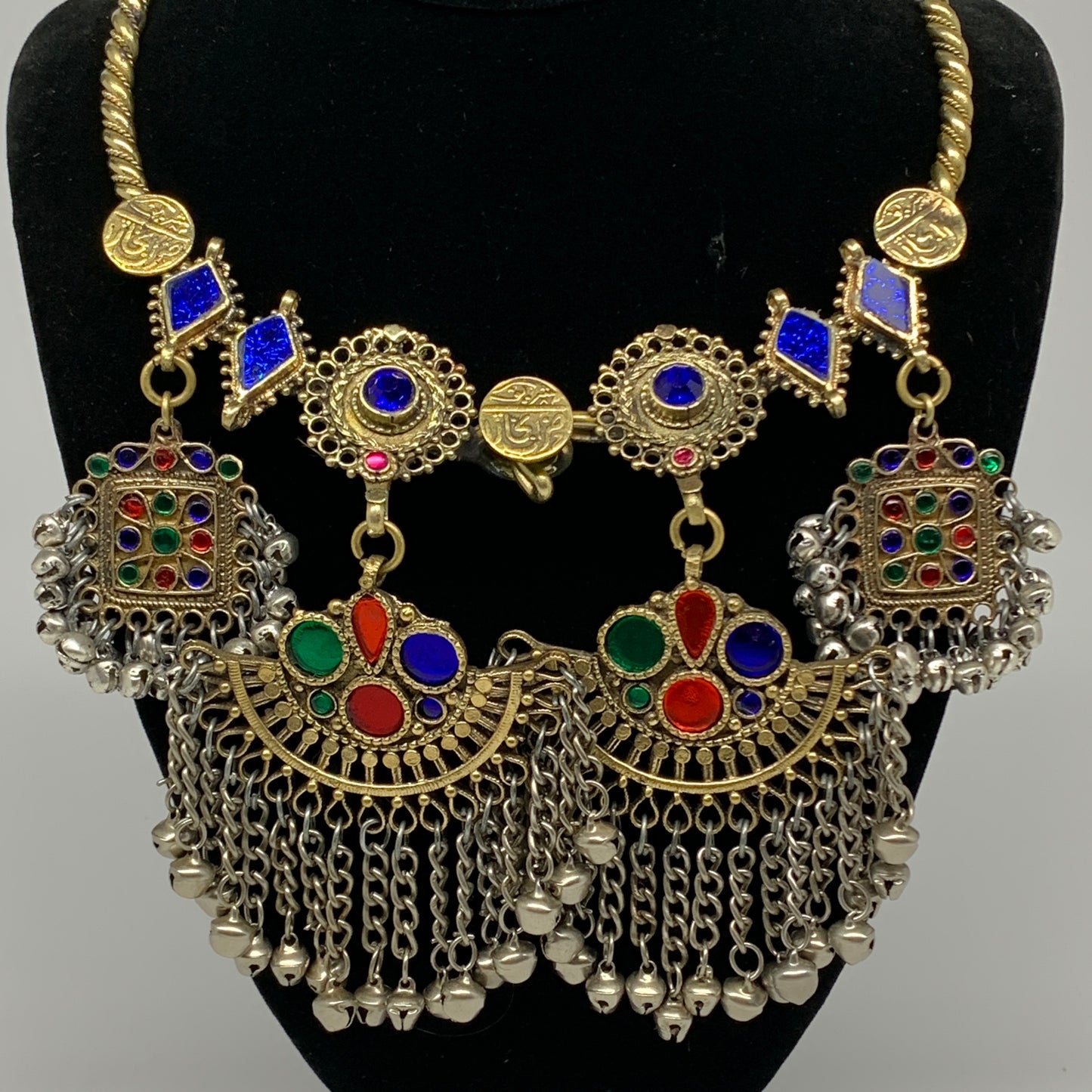 235g, 9.5"x5.5"Kuchi Turkmen Choker Necklace Multi-Color Tribal Gypsy Beho,B1414