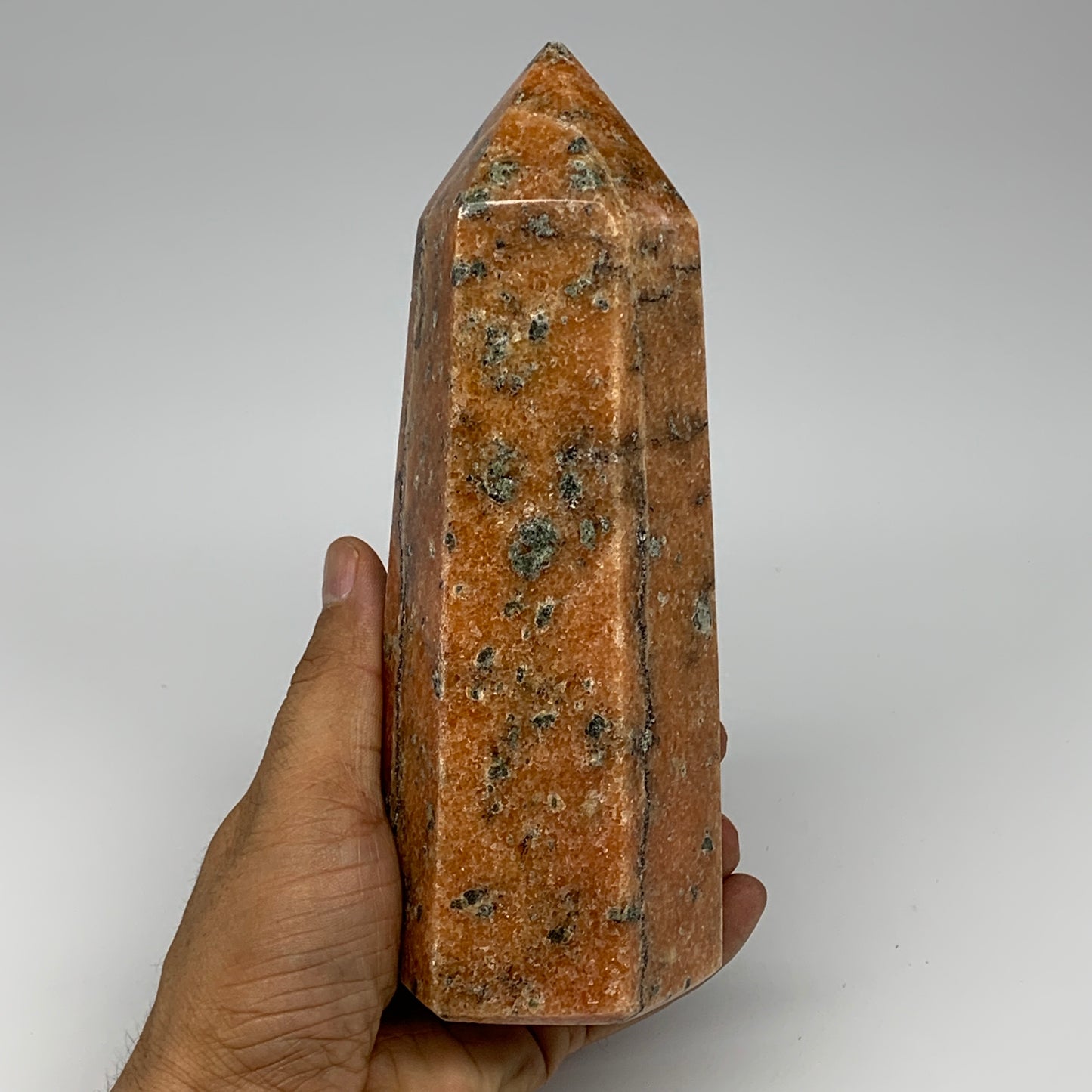 1070g, 7"x2.7"x2.4" Orange Calcite Tower Point Crystal @Madagascar,B15070