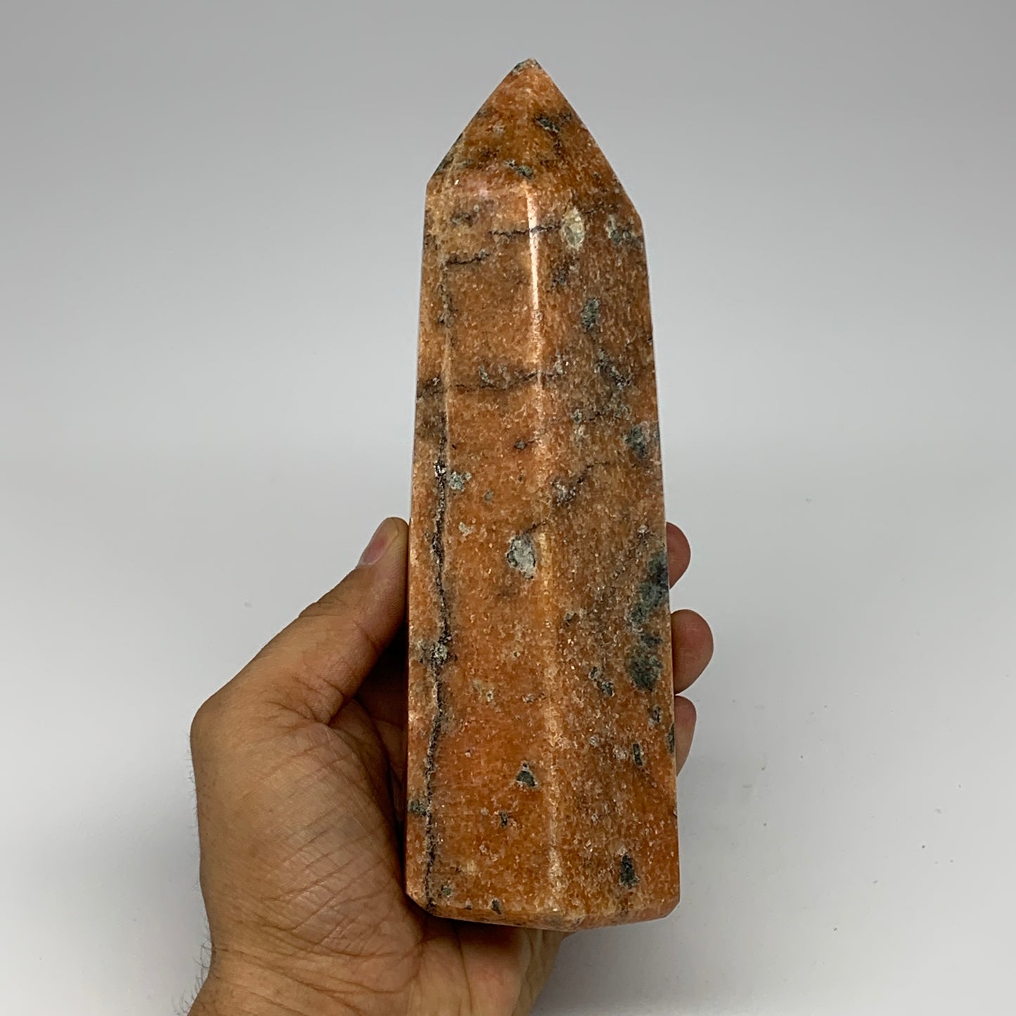 1070g, 7"x2.7"x2.4" Orange Calcite Tower Point Crystal @Madagascar,B15070