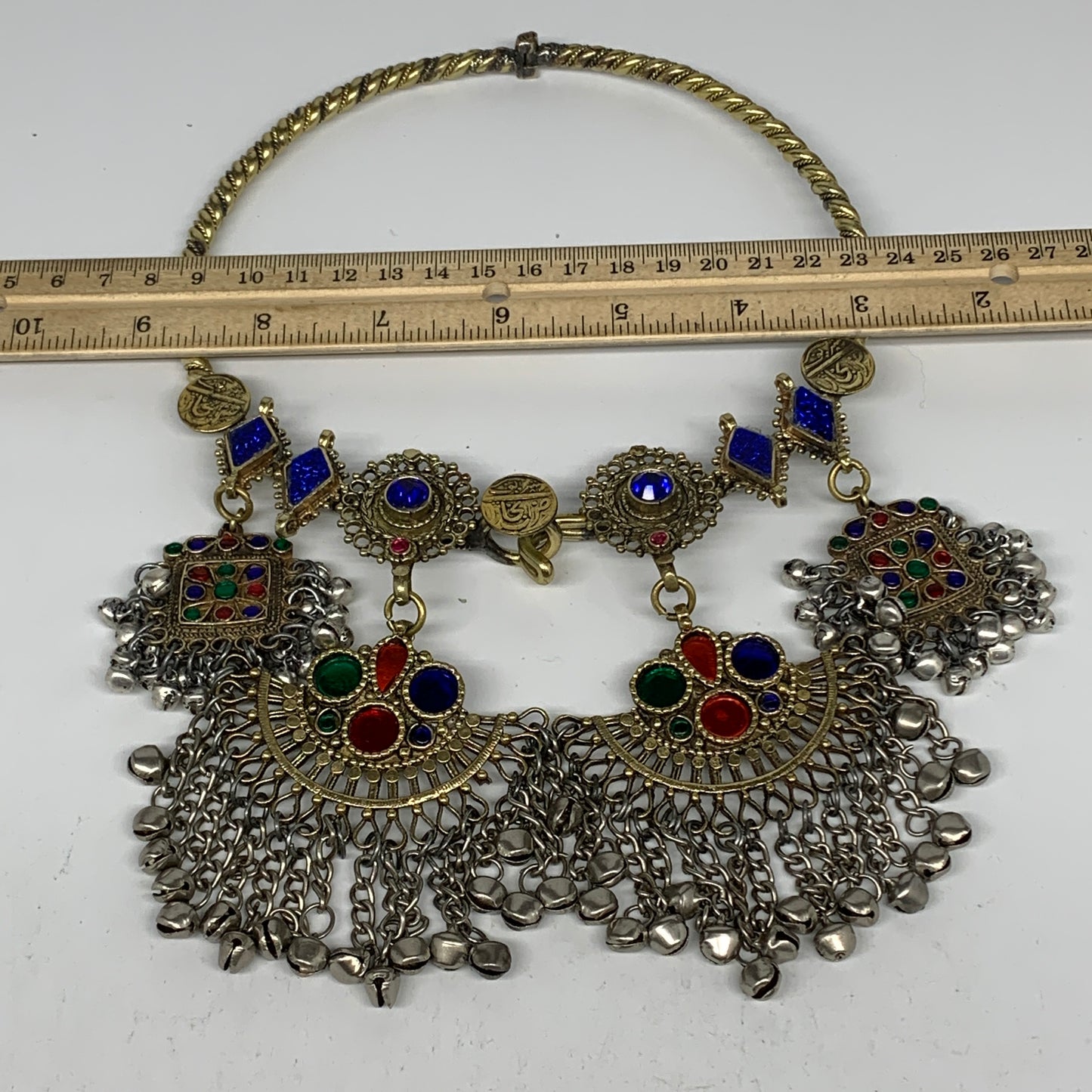 235g, 9.5"x5.5"Kuchi Turkmen Choker Necklace Multi-Color Tribal Gypsy Beho,B1414