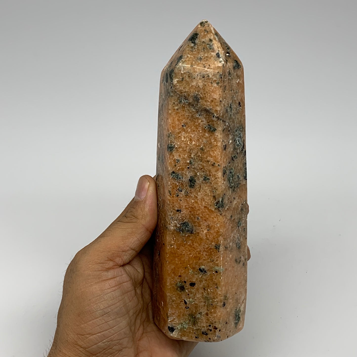 645g, 6.5"x2"x1.8" Orange Calcite Tower Point Crystal @Madagascar,B15071