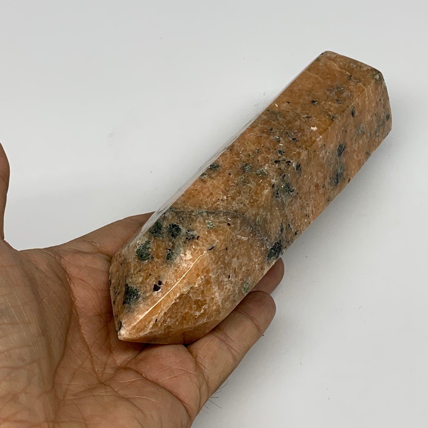 645g, 6.5"x2"x1.8" Orange Calcite Tower Point Crystal @Madagascar,B15071