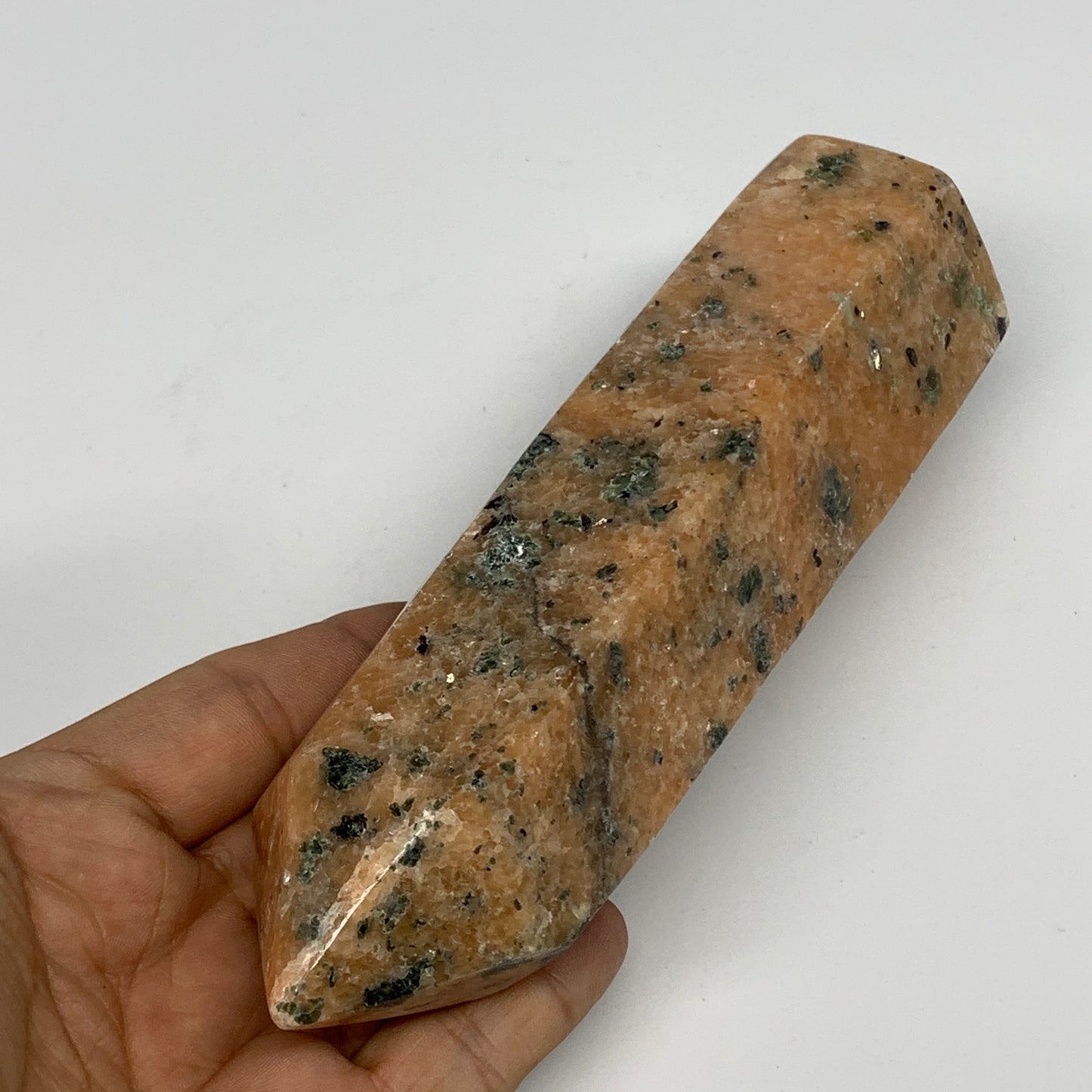 645g, 6.5"x2"x1.8" Orange Calcite Tower Point Crystal @Madagascar,B15071