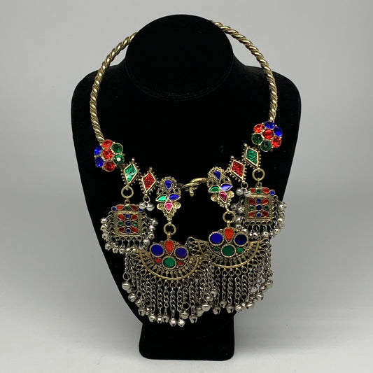 260g, 10.5"x5.5"Kuchi Turkmen Choker Necklace Multi-Color Tribal Gypsy Beho,B141