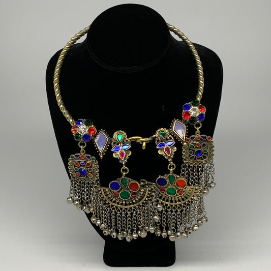 255g, 10.25"x5.5"Kuchi Turkmen Choker Necklace Multi-Color Tribal Gypsy Beho,B14