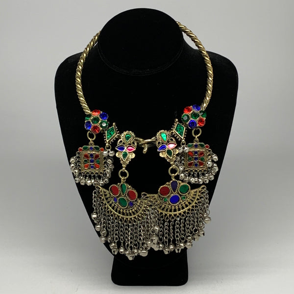 245g, 10.25"x5"Kuchi Turkmen Choker Necklace Multi-Color Tribal Gypsy Beho,B1415