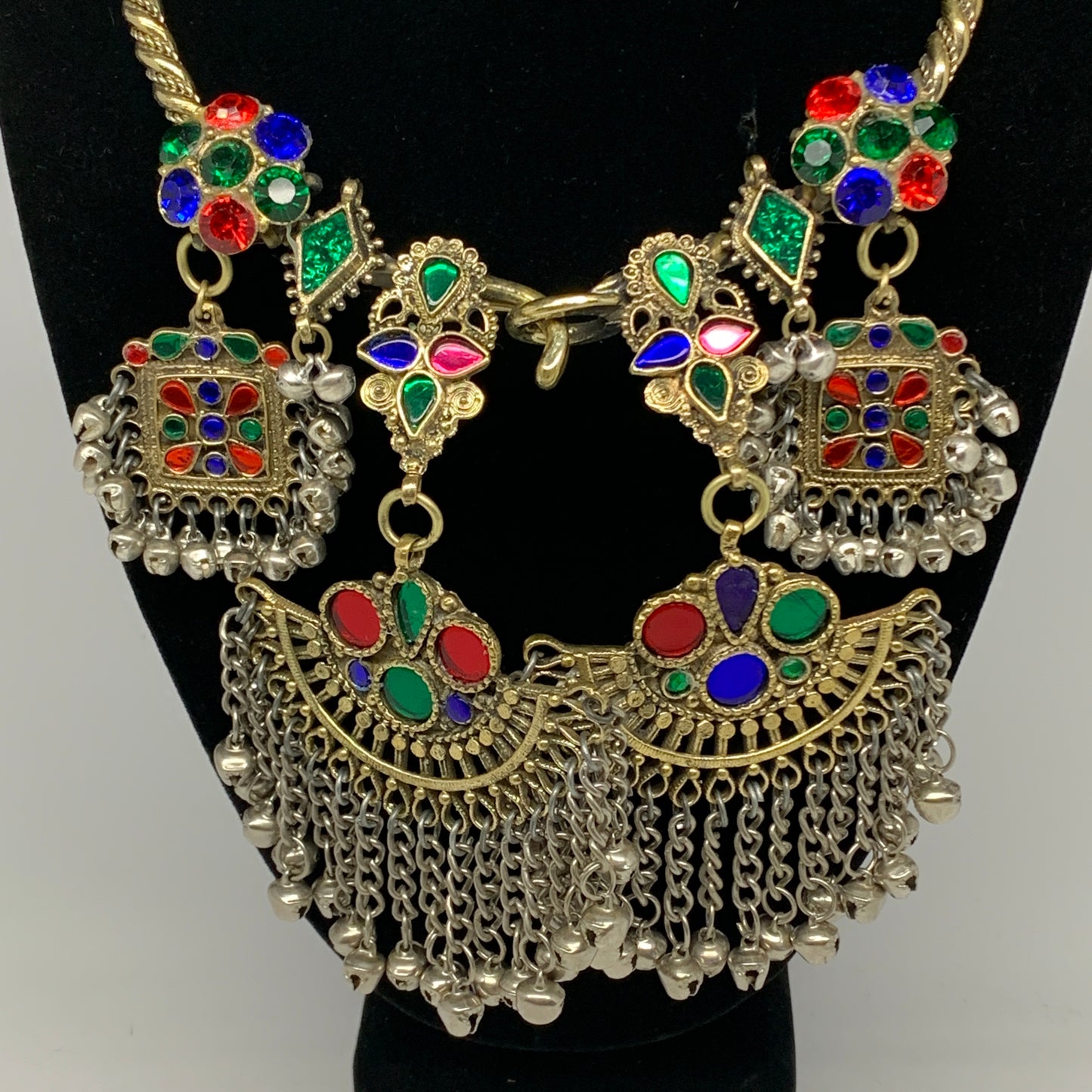 245g, 10.25"x5"Kuchi Turkmen Choker Necklace Multi-Color Tribal Gypsy Beho,B1415