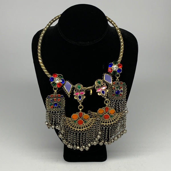 255g, 10.5"x5.5"Kuchi Turkmen Choker Necklace Multi-Color Tribal Gypsy Beho,B141