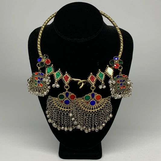 245g, 9.5"x5.5"Kuchi Turkmen Choker Necklace Multi-Color Tribal Gypsy Beho,B1415