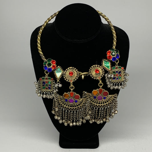 245g, 9.5"x5.25"Kuchi Turkmen Choker Necklace Multi-Color Tribal Gypsy Beho,B141