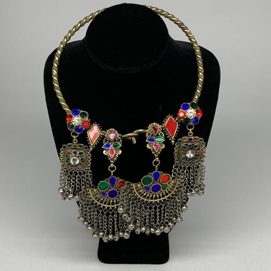 255g, 10.25"x5.5"Kuchi Turkmen Choker Necklace Multi-Color Tribal Gypsy Beho,B14
