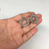 8.9 grams, 1.8" Agate Druzy Slice Geode Gold Plated Earrings from Brazil, BE116 - watangem.com