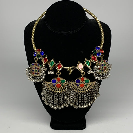 240g, 9.5"x5.5"Kuchi Turkmen Choker Necklace Multi-Color Tribal Gypsy Beho,B1416