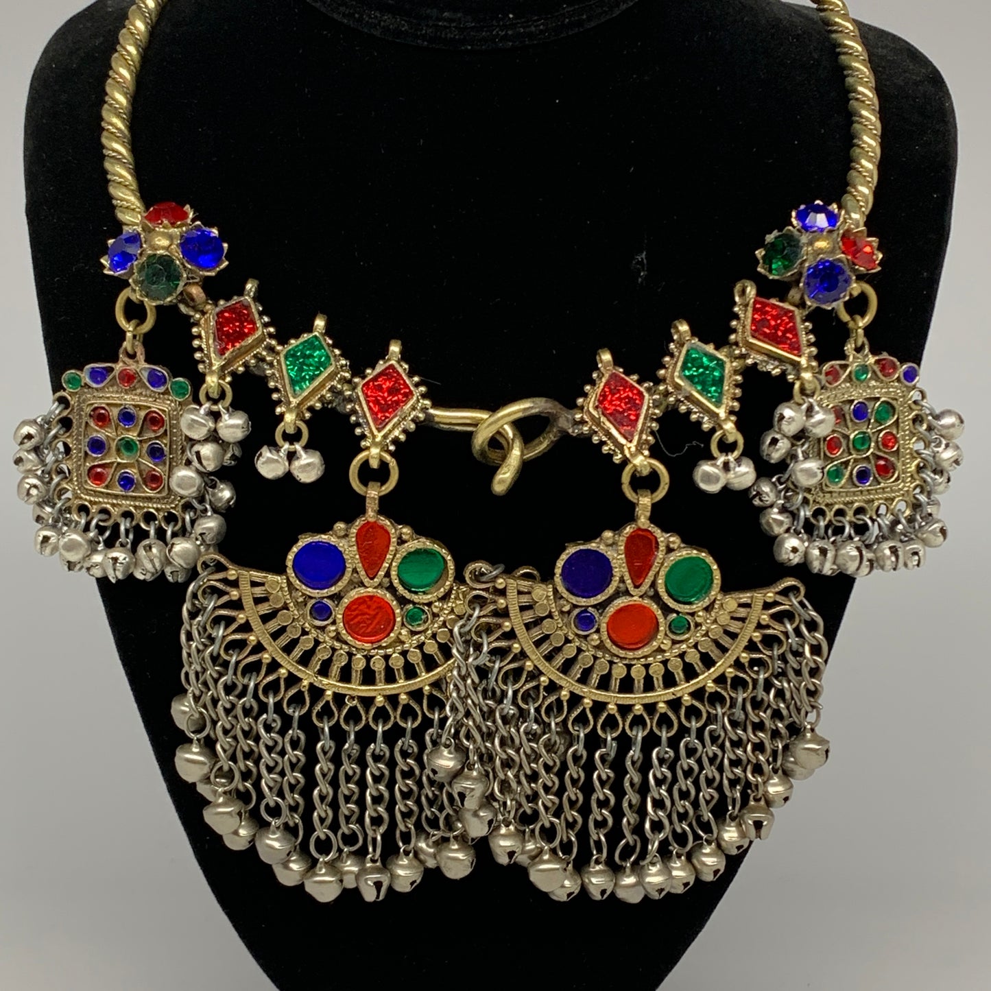 240g, 9.5"x5.5"Kuchi Turkmen Choker Necklace Multi-Color Tribal Gypsy Beho,B1416