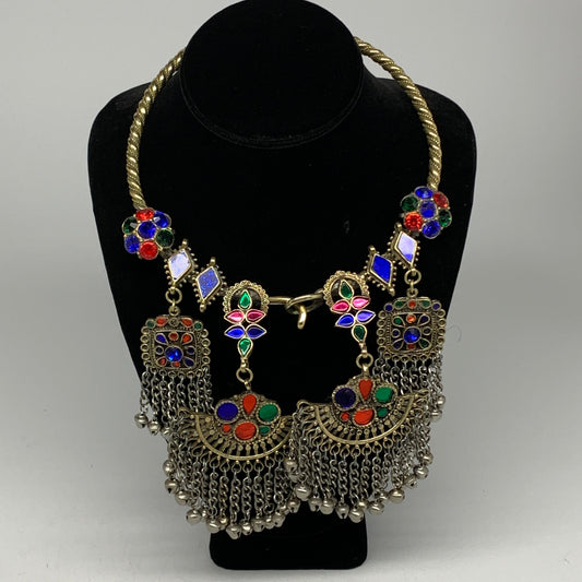 260g, 10.5"x5.25"Kuchi Turkmen Choker Necklace Multi-Color Tribal Gypsy Beho,B14