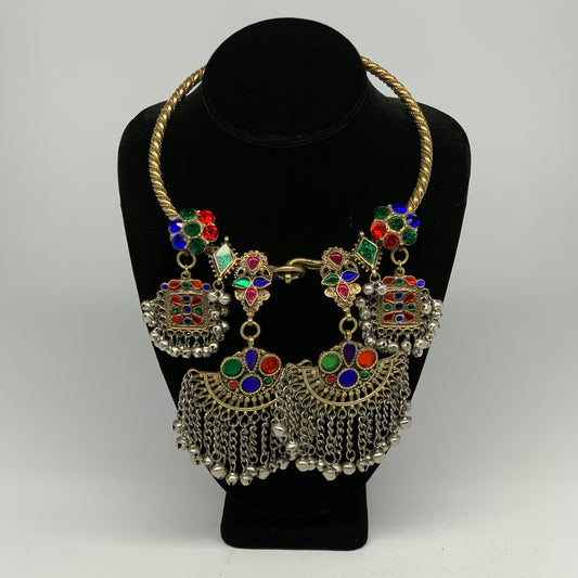 255g, 10.25"x5.25"Kuchi Turkmen Choker Necklace Multi-Color Tribal Gypsy Beho,B1