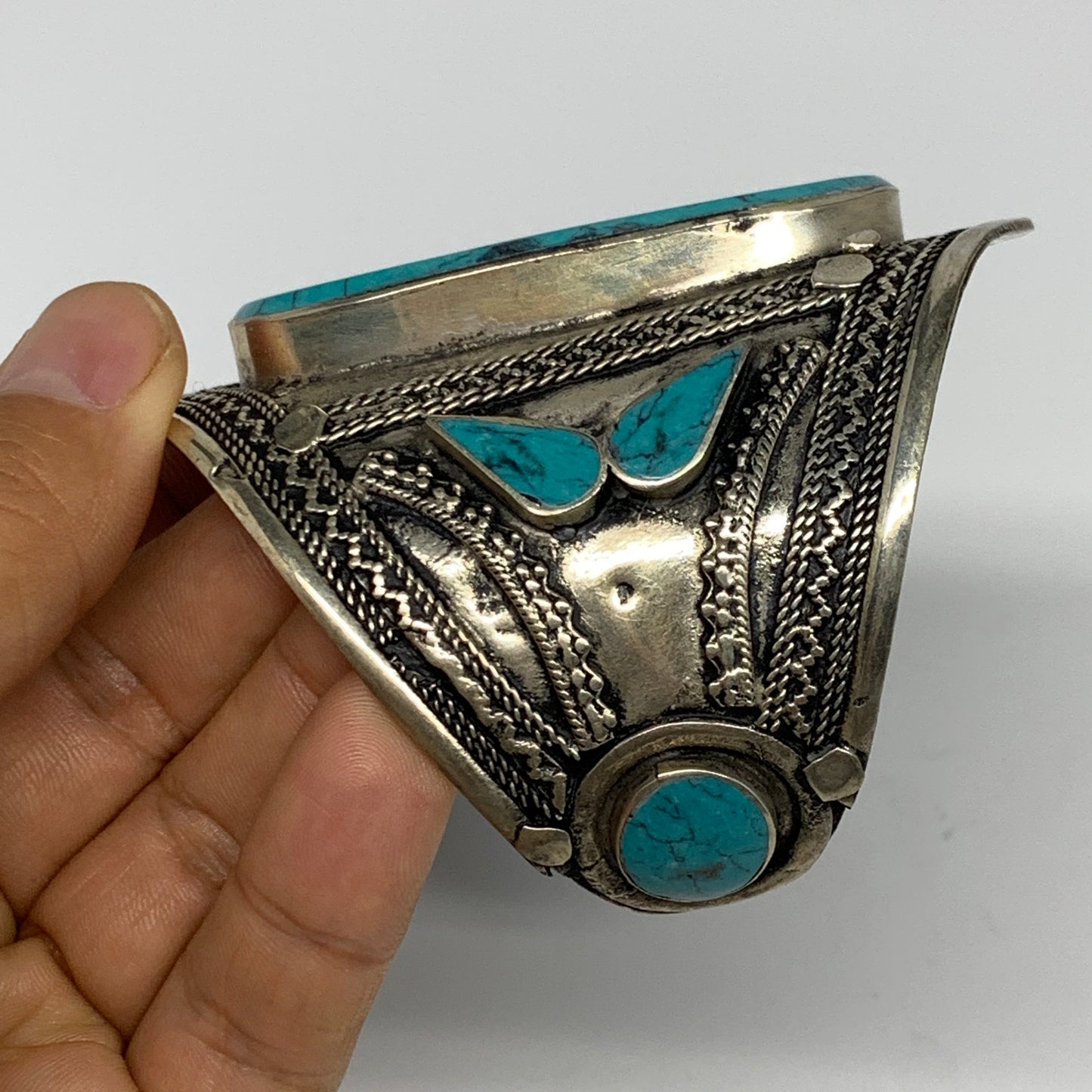 55.5g, Vintage Reproduced Afghan Turkmen Synthetic Turquoise Cuff Bracelet, B132